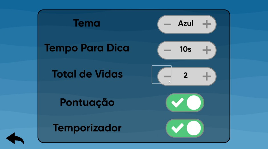 Painel de configuração original, com tema, tempo de dica, vidas, pontuação e temporizador