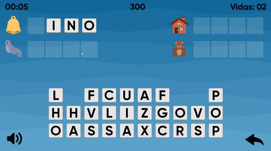 Tela de jogo original, com quatro palavras e um teclado de 30 letras