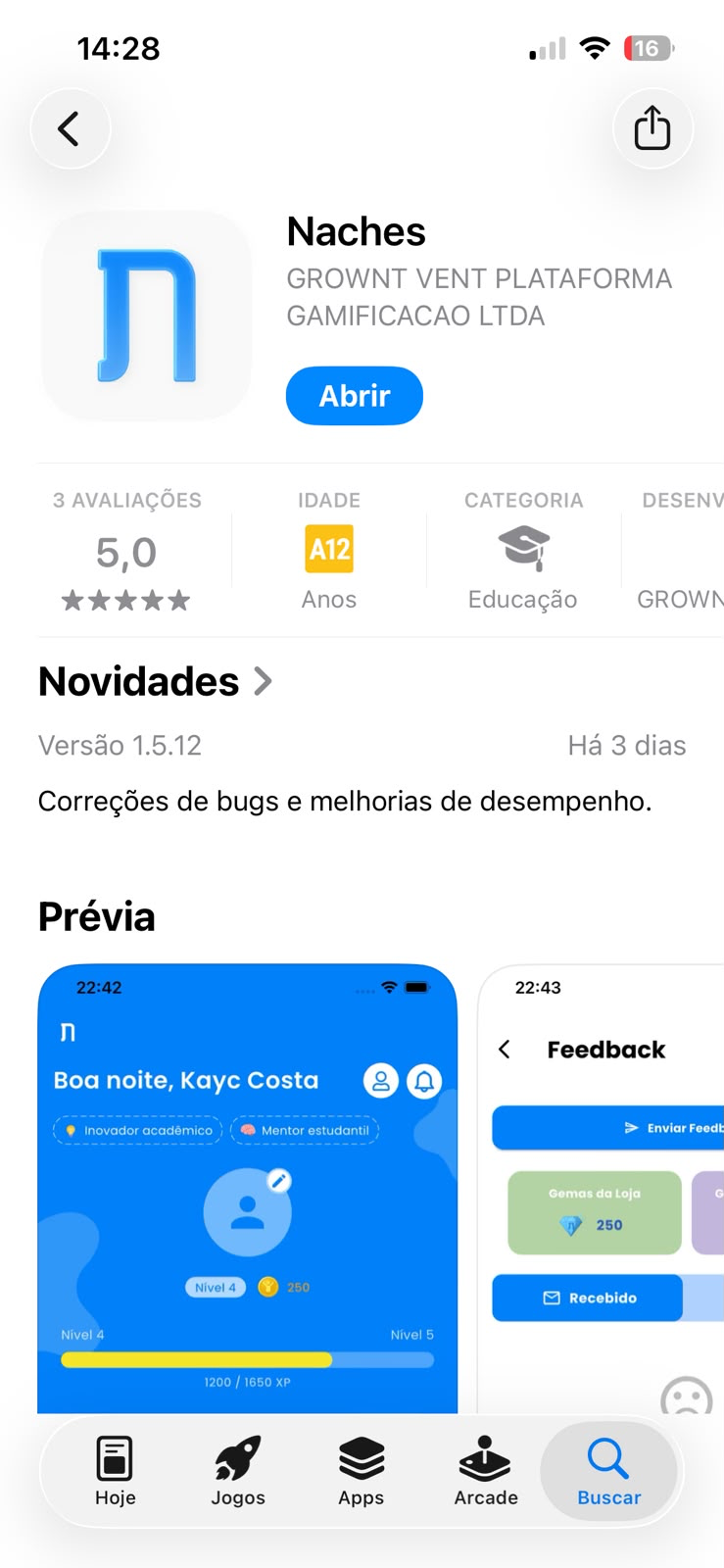 Página do Naches na loja de aplicativos, com nota 5,0, categoria Educação e versão 1.5.12