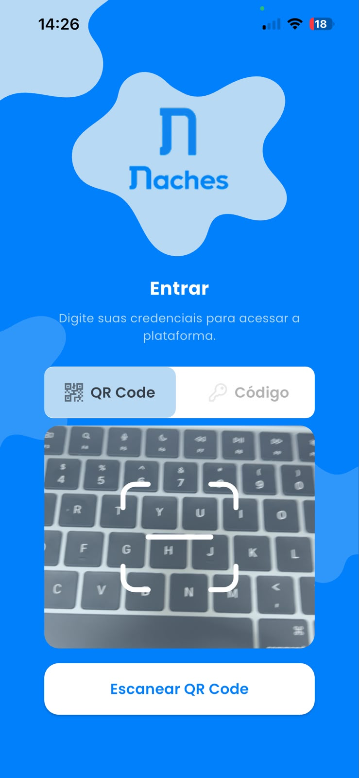Tela de entrada do Naches com opção de escanear QR Code