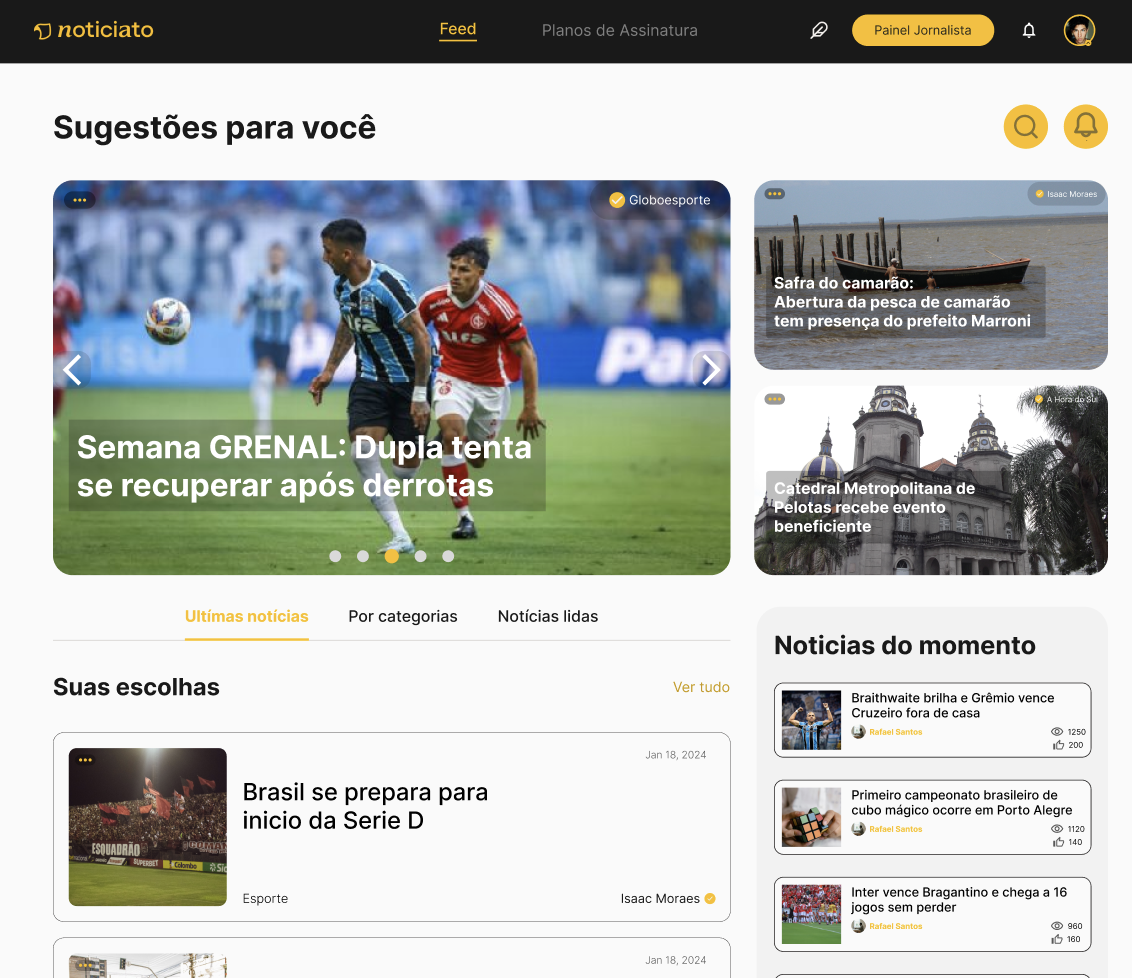 Feed do Noticiato no desktop, com destaques, últimas notícias e coluna de notícias do momento