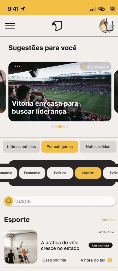 Feed do Noticiato no celular, com filtros por categoria e busca