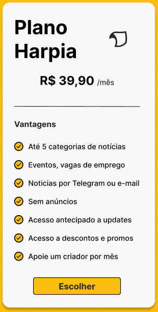 Plano Harpia, R$ 39,90 por mês, com apoio a um criador por mês