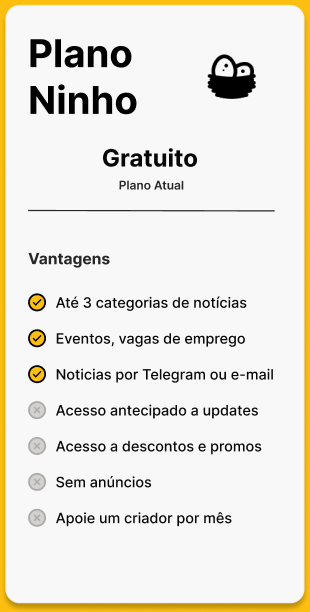 Plano Ninho, gratuito, com até 3 categorias de notícias
