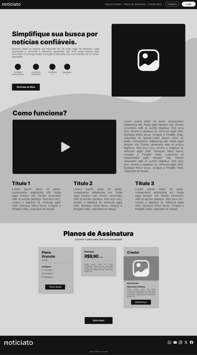 Wireframe em cinza da landing do Noticiato, com promessa, seção como funciona, planos de assinatura e rodapé