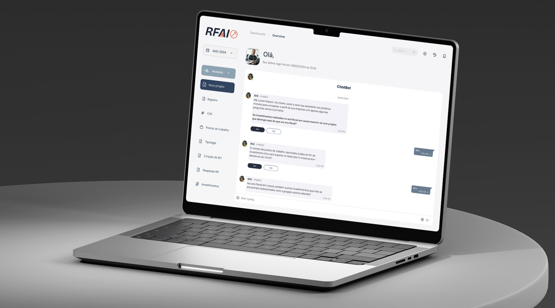 A calculadora RFAI aberta num portátil, mostrando o chatbot Grö a fazer as perguntas de elegibilidade